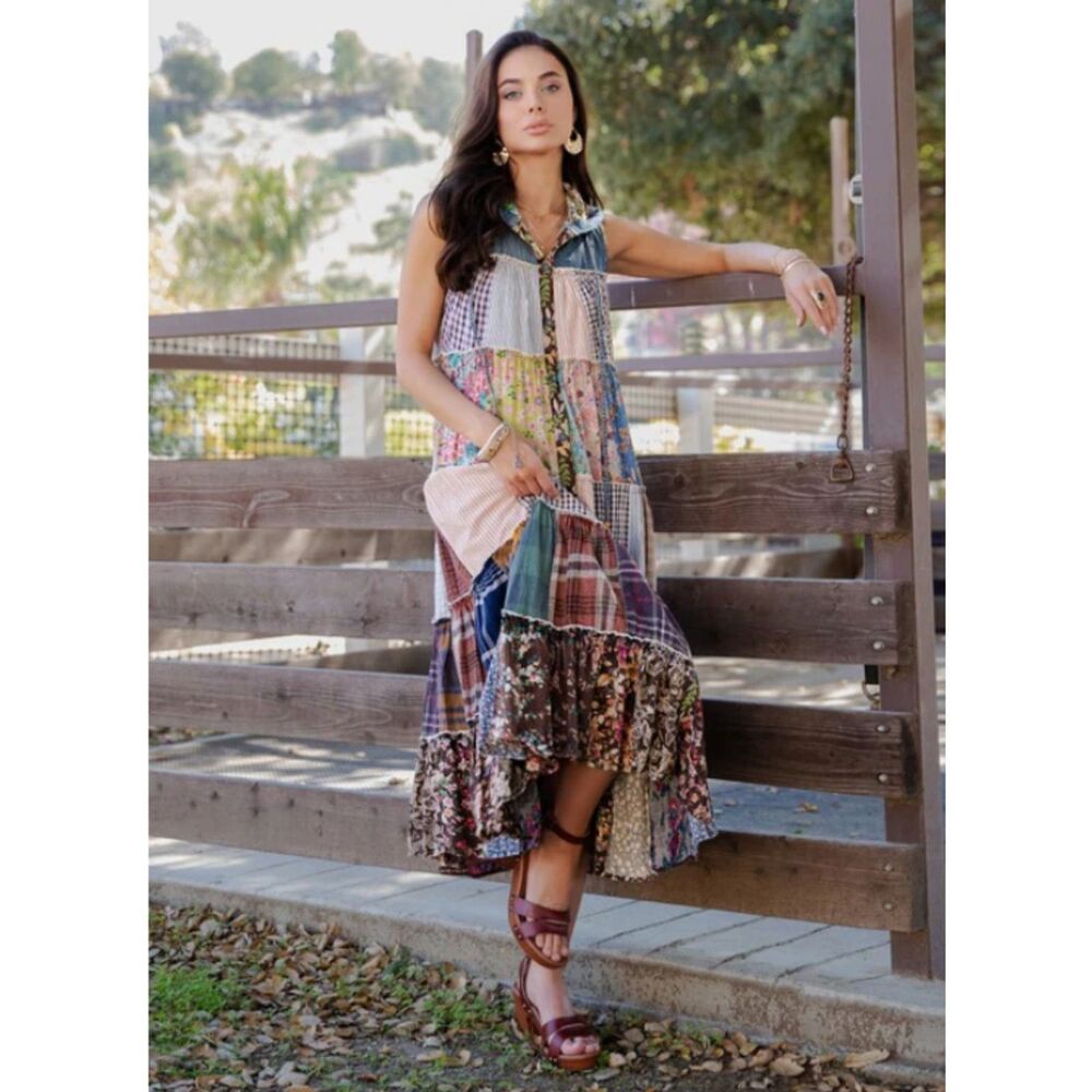 Young Threads Boho Patchwork Sleeveless Long Hoodie Duster  Latte Large PTP 21